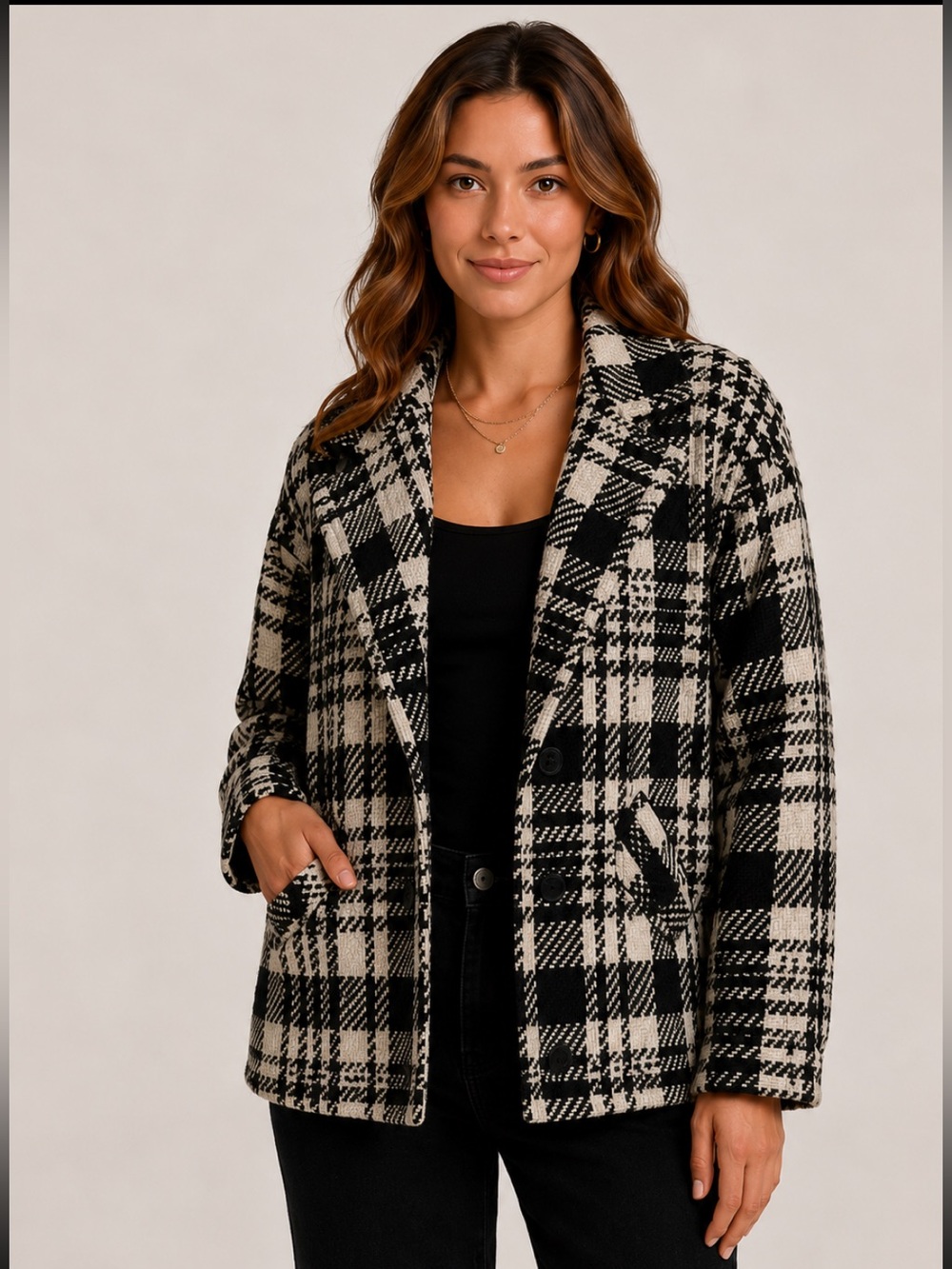 Sanctuary NWT Black Cream Plaid Wool Blend Jacket Blazer XL